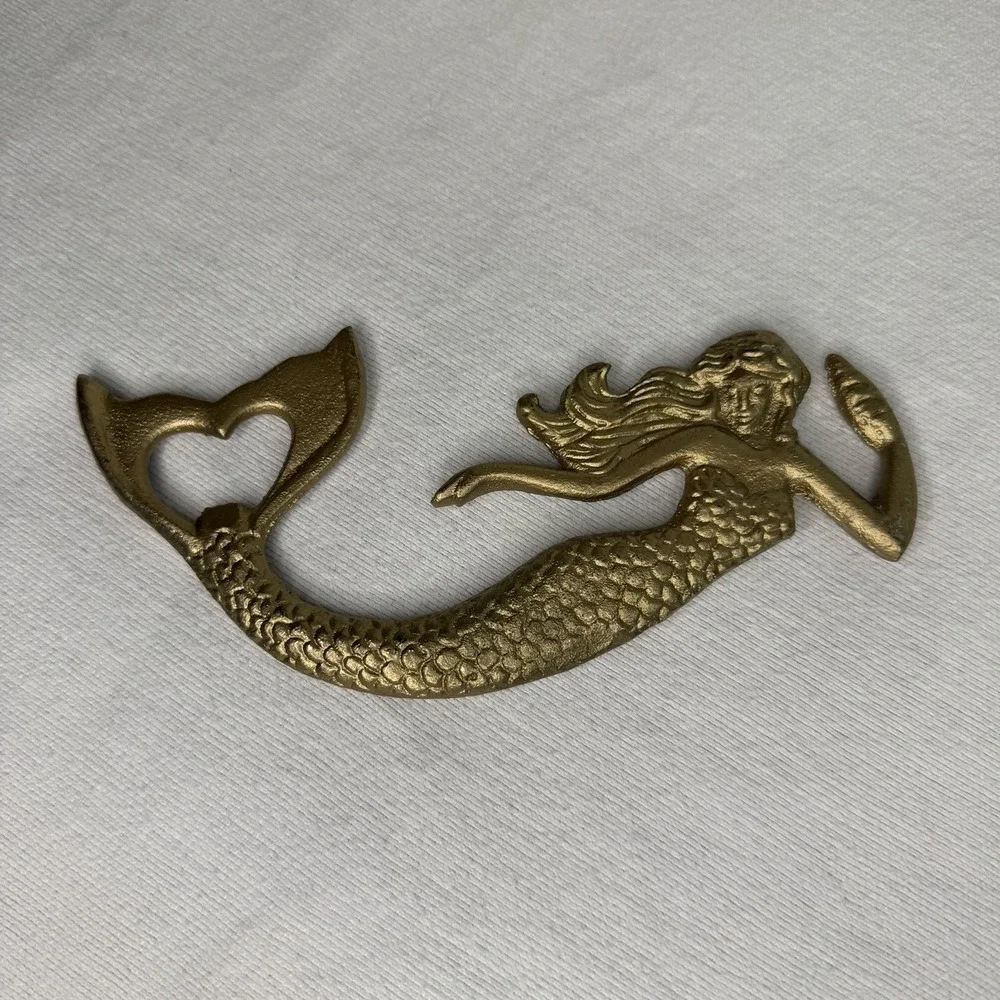 Cast Iron Mermaid Bottle Opener Antique Gold Barware Nautical Coastal 7 Inch